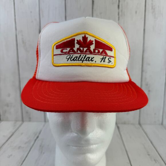 Vintage Other - VTG 80's Canada Halifax, Nova Scotia Orange/White Patch Trucker Snapback Hat